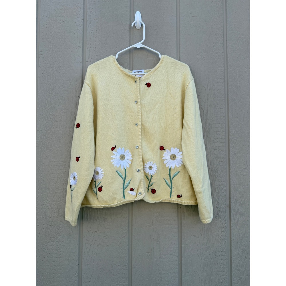 Tia Designs XL Cardigan Daisy Ladybug Cotton Embroidered Rhinestone Yellow